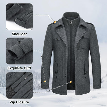 Men's Winter Thick Double-Layer Collar Wool Blend Coat